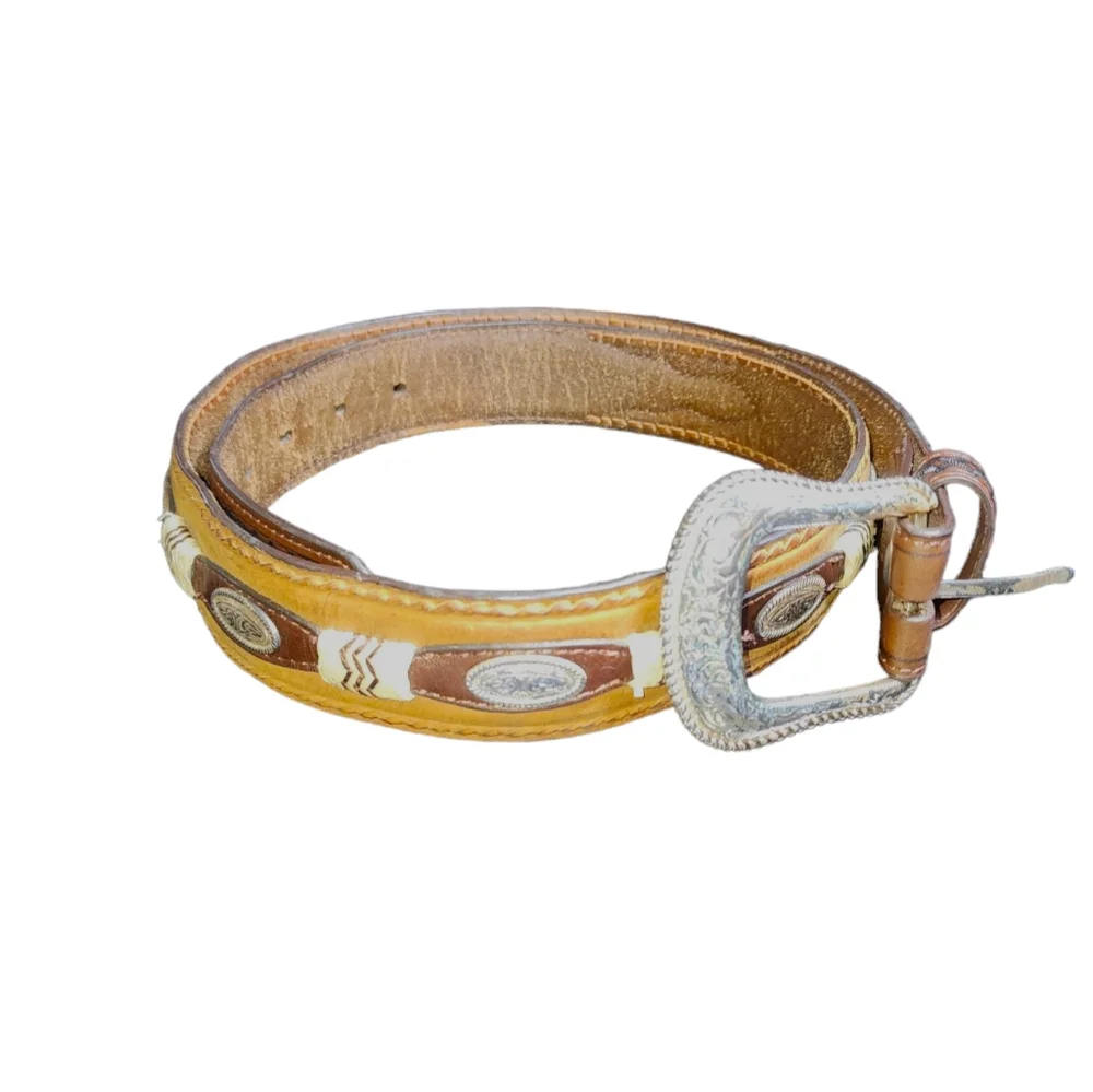 DDD 3-D Belt Southwestern Silver Tone Buckle & Concho Brown Leather Belt Size 36
